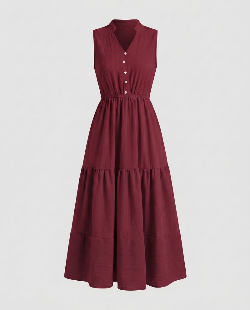 Damen Maxikleid mit knopfverzierten Details und fließendem Rock