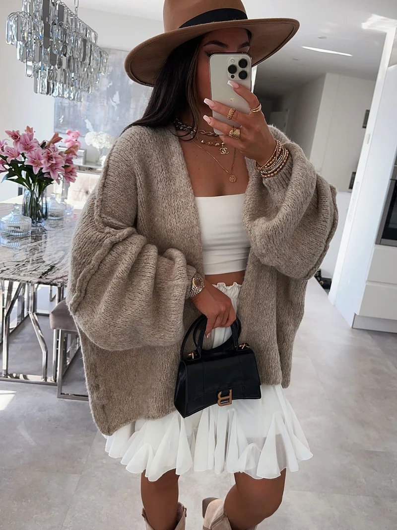 Damen oversized Strickjacke mit lässigen Ballonärmeln und strukturiertem Material