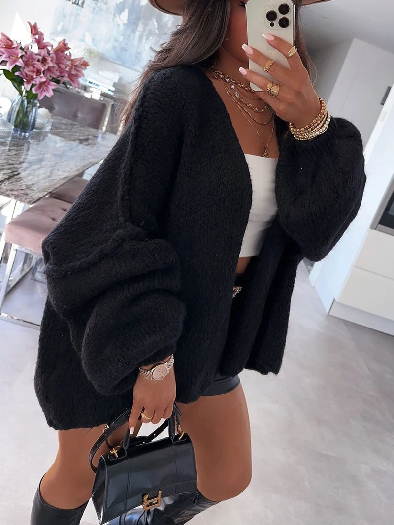 Damen oversized Strickjacke mit lässigen Ballonärmeln und strukturiertem Material