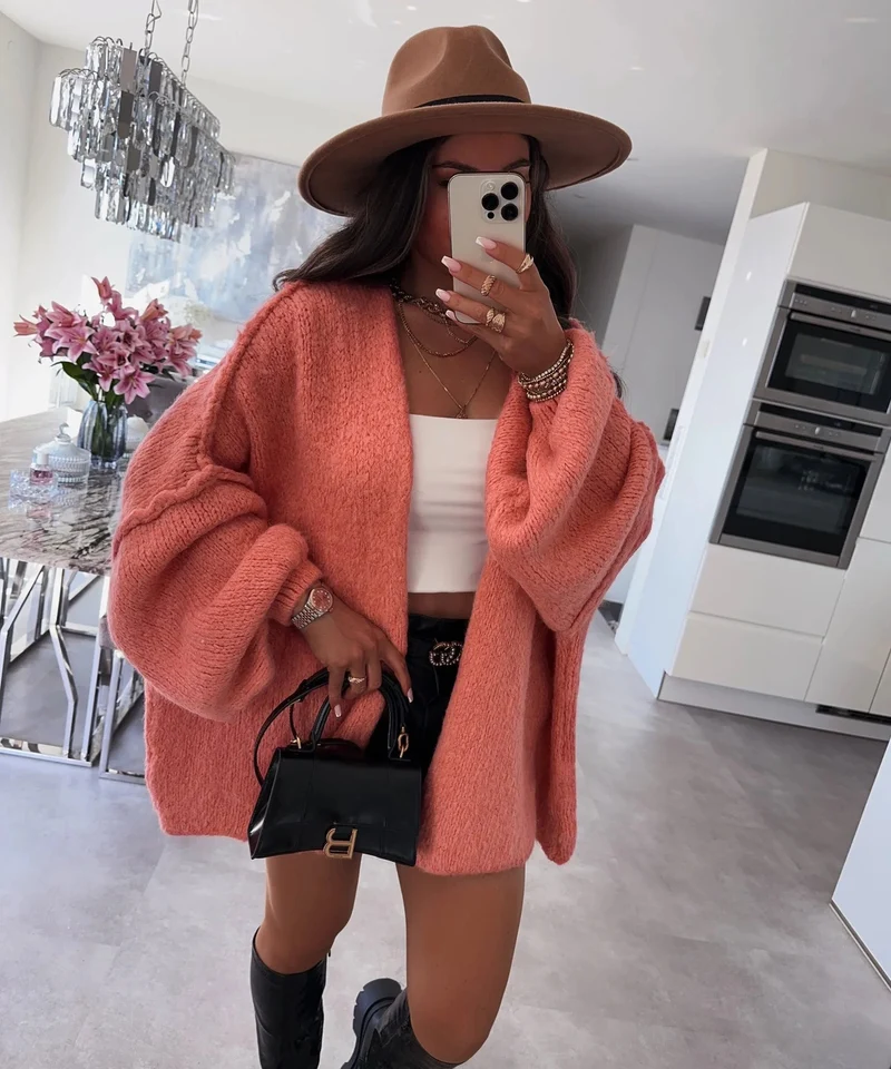 Damen oversized Strickjacke mit lässigen Ballonärmeln und strukturiertem Material