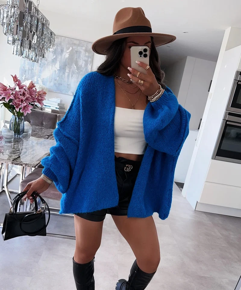 Damen oversized Strickjacke mit lässigen Ballonärmeln und strukturiertem Material