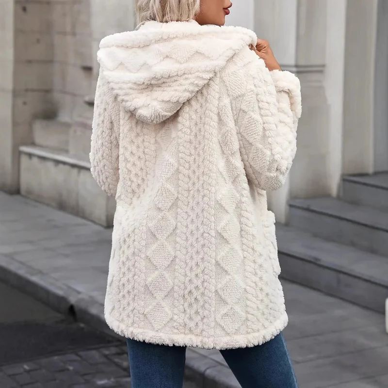 Damen angenehme und weiche Plüschjacke mit Kapuze und Taschen