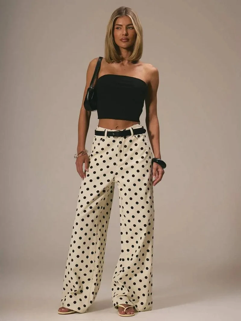 Damen weite Polka-Dot Palazzo-Hosen mit high-waist Schnitt