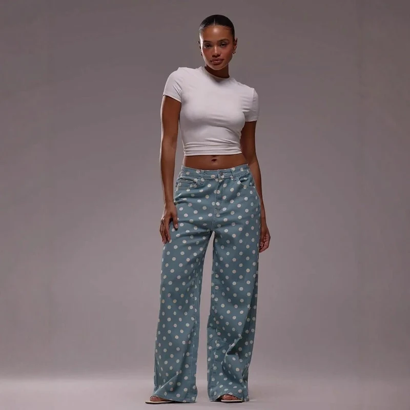 Damen weite Polka-Dot Palazzo-Hosen mit high-waist Schnitt