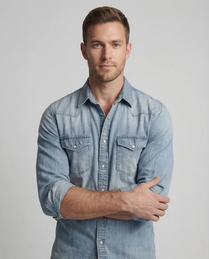 Herren Jeanshemd Slim Fit mit Druckknöpfen und Brusttaschen