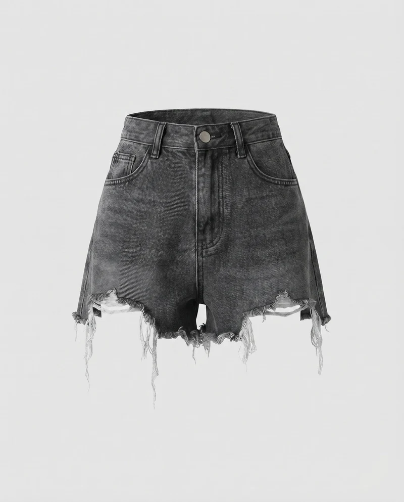 Damen Jeansshorts High-Waist Fransensaum Used-Effekt