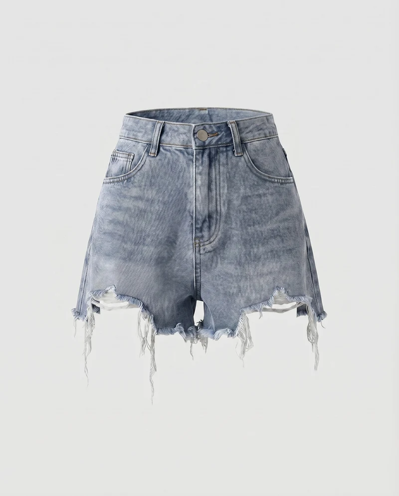 Damen Jeansshorts High-Waist Fransensaum Used-Effekt