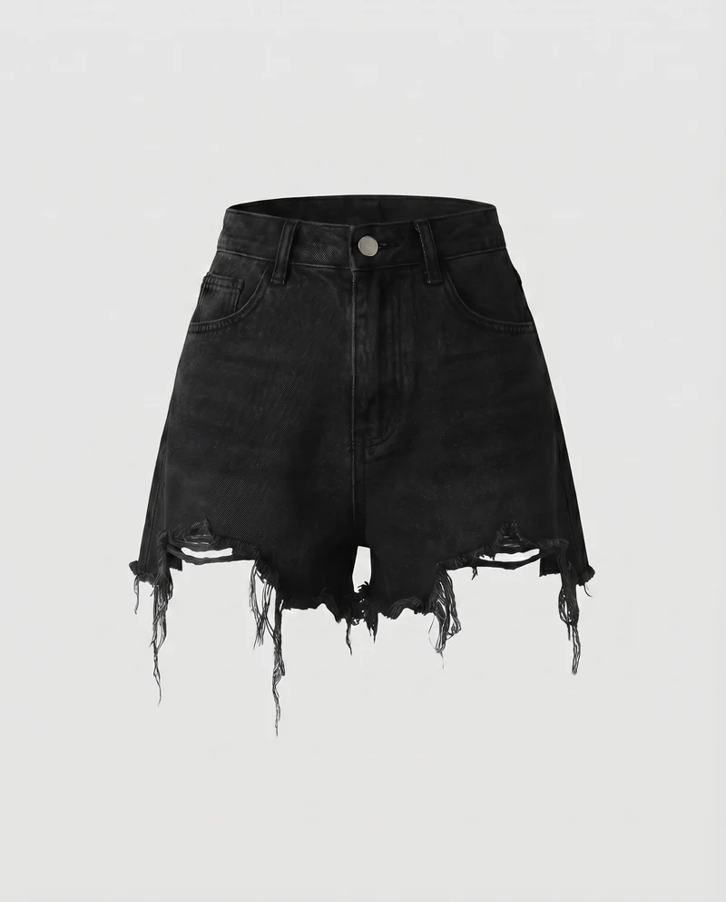 Damen Jeansshorts High-Waist Fransensaum Used-Effekt