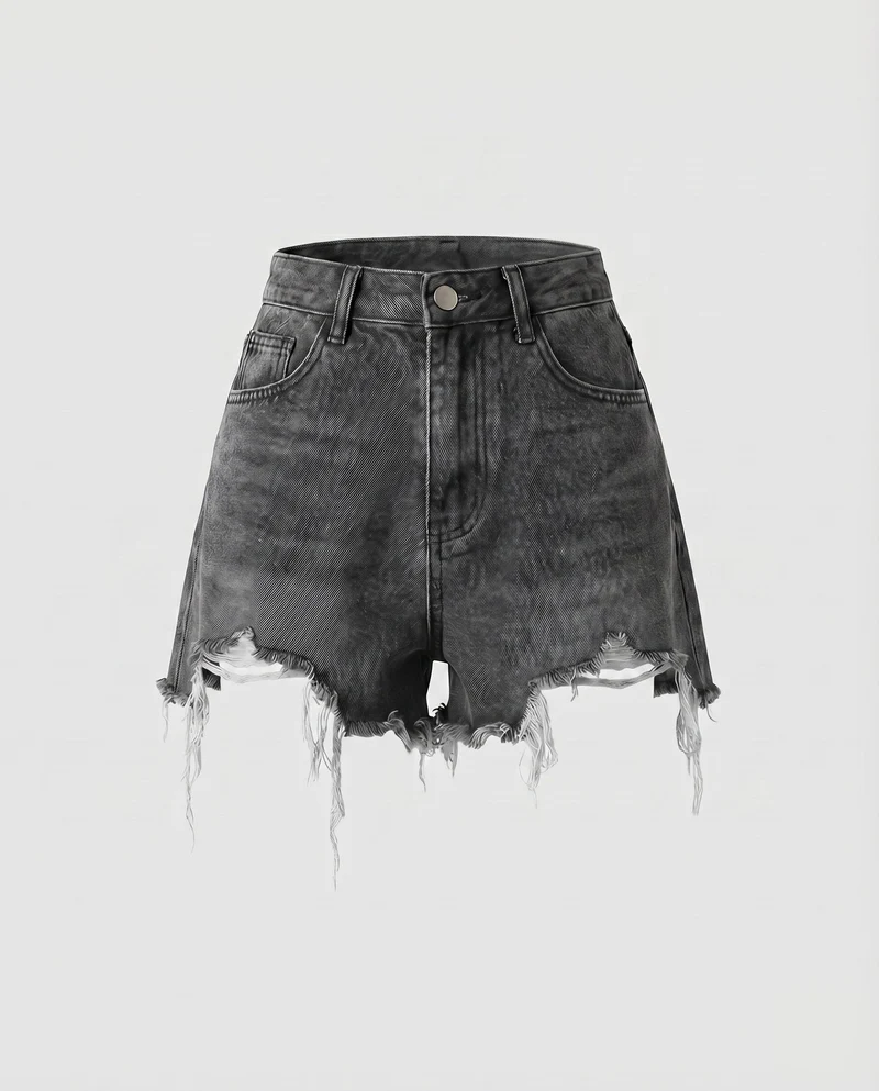 Damen Jeansshorts High-Waist Fransensaum Used-Effekt