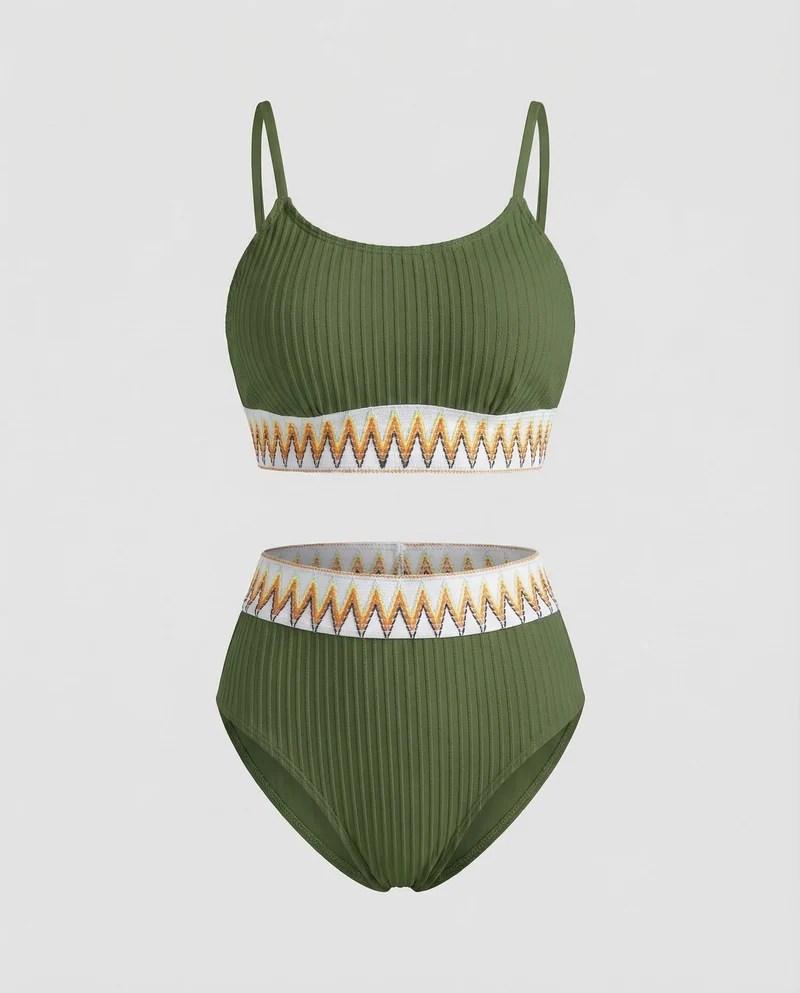 Damen Ripp-Zweiteiler Zickzack-Stickbund