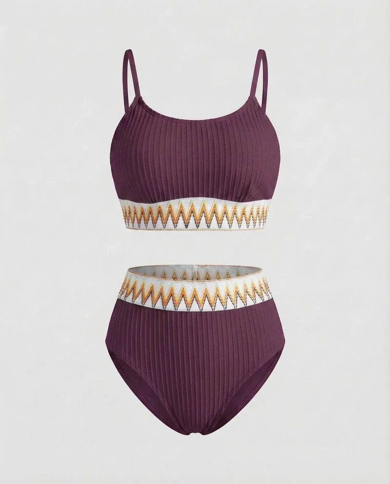 Damen Ripp-Zweiteiler Zickzack-Stickbund