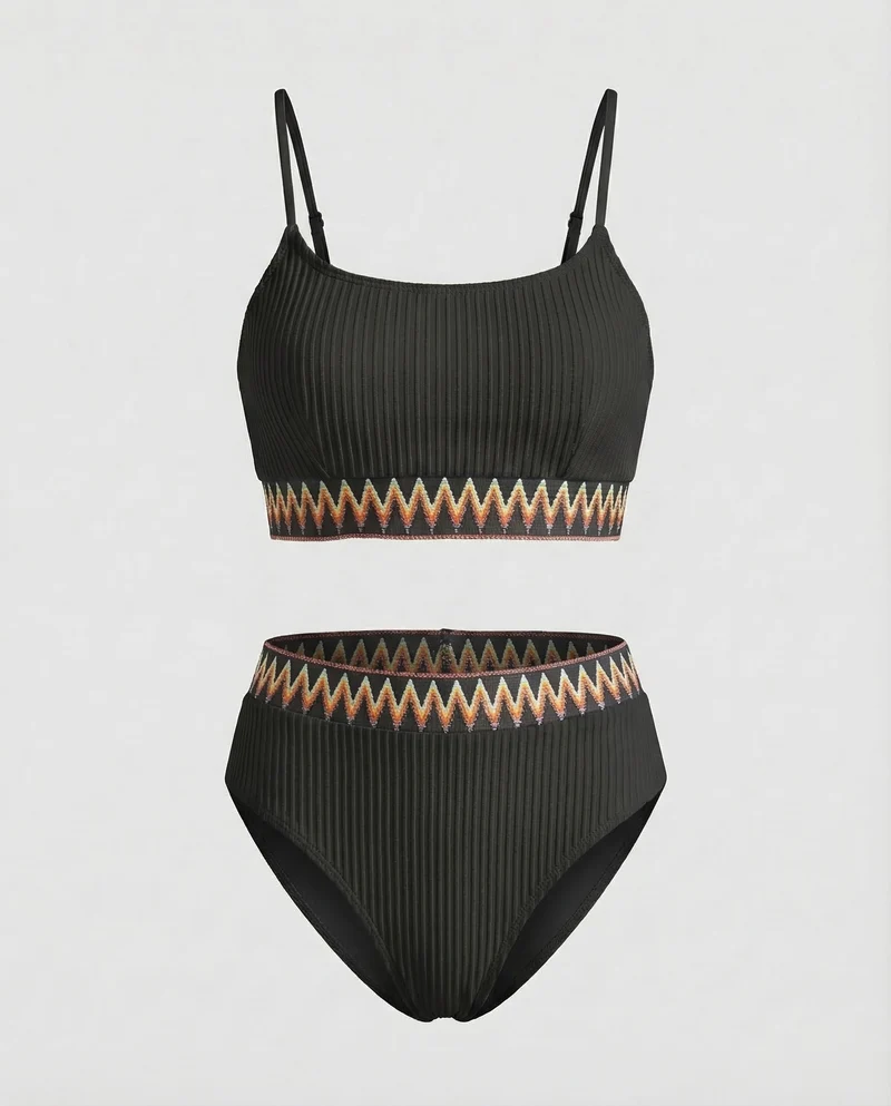 Damen Ripp-Zweiteiler Zickzack-Stickbund