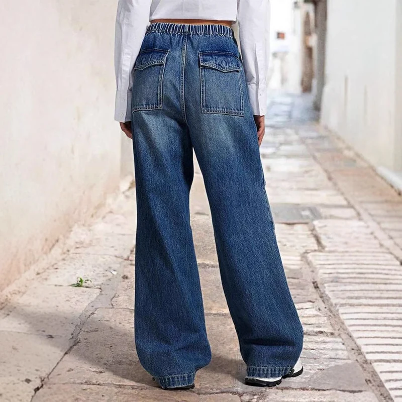 Damen Weite Denim-Hose mit elastischem Bund und hohen Taschen
