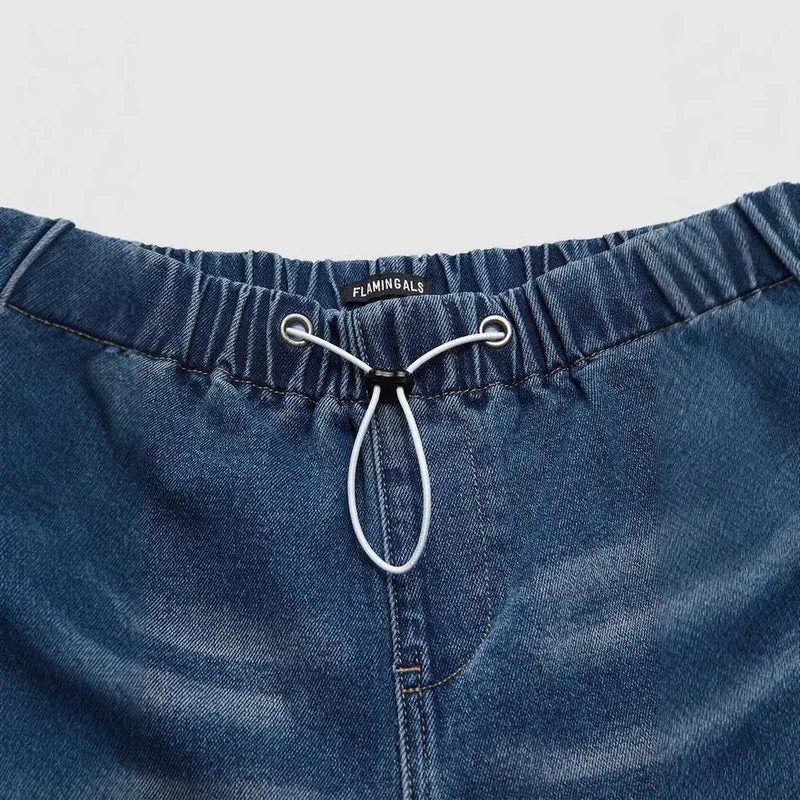 Damen Weite Denim-Hose mit elastischem Bund und hohen Taschen