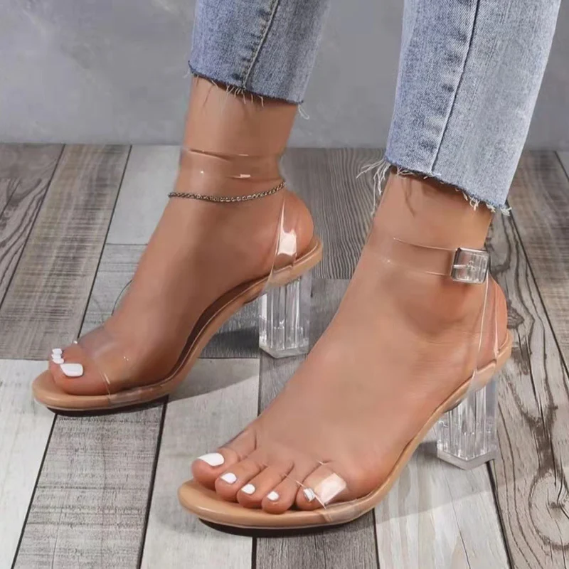 Damen elegante Sandaletten mit transparentem Riemen und glasklarem Absatz