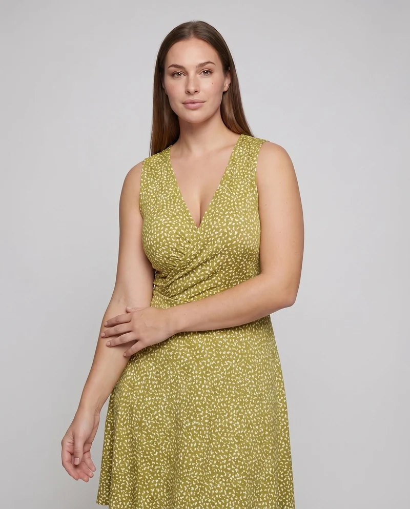 Damen Ärmelloses Midikleid Wickeloptik Drapierung Stufenrock