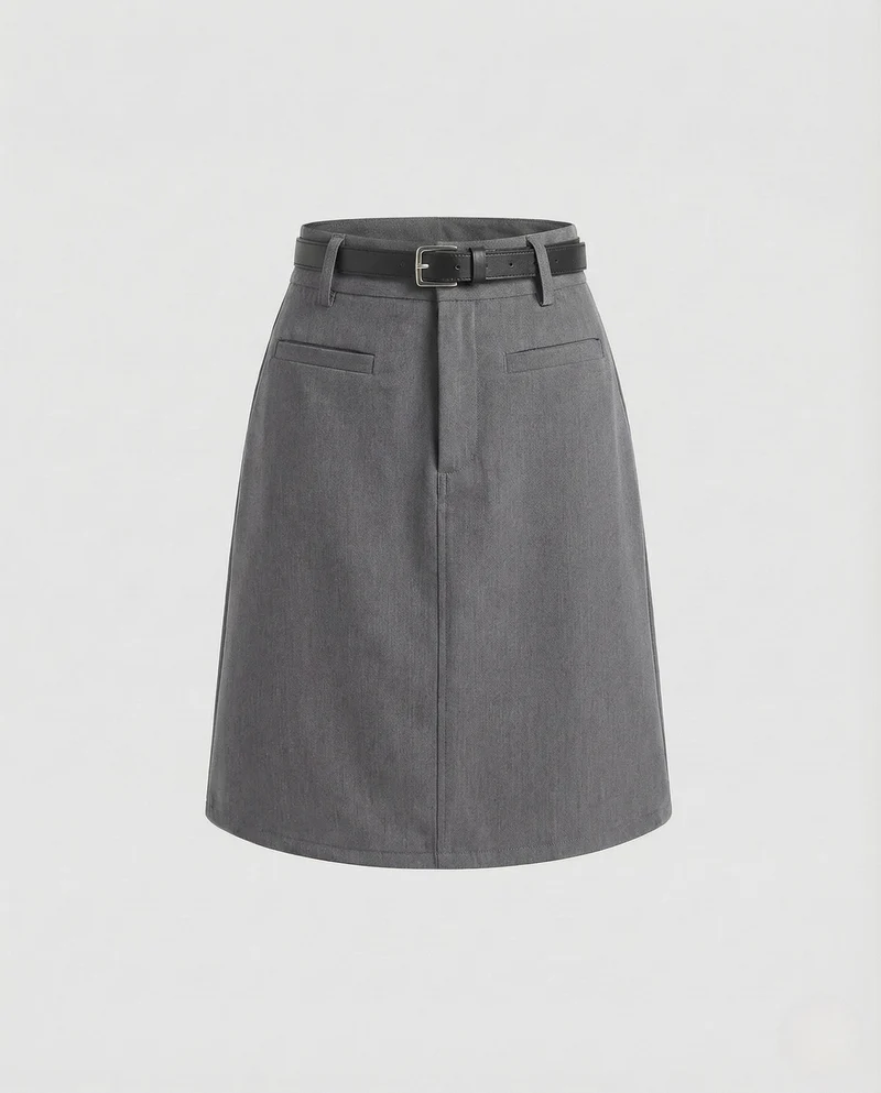 Damen Businessrock High Waist Knielang Gürtel