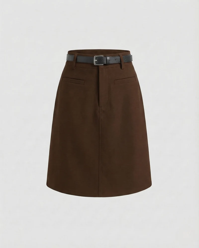 Damen Businessrock High Waist Knielang Gürtel