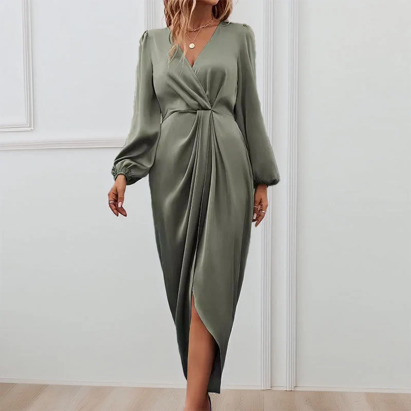 Damen Elegantes Maxikleid mit Tiefem V-Ausschnitt und Ballonärmeln