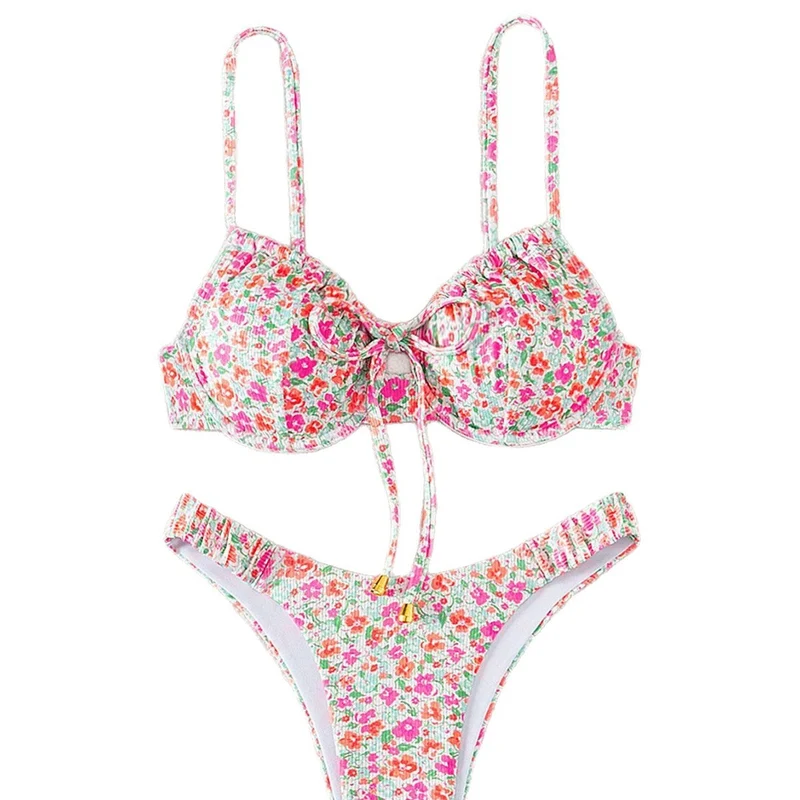 Damen Push-Up-Bikini mit floralem Design und raffinierter Schnürung