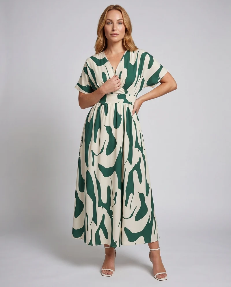 Damen Maxikleid mit elegantem Wickeldesign und grafischem Muster
