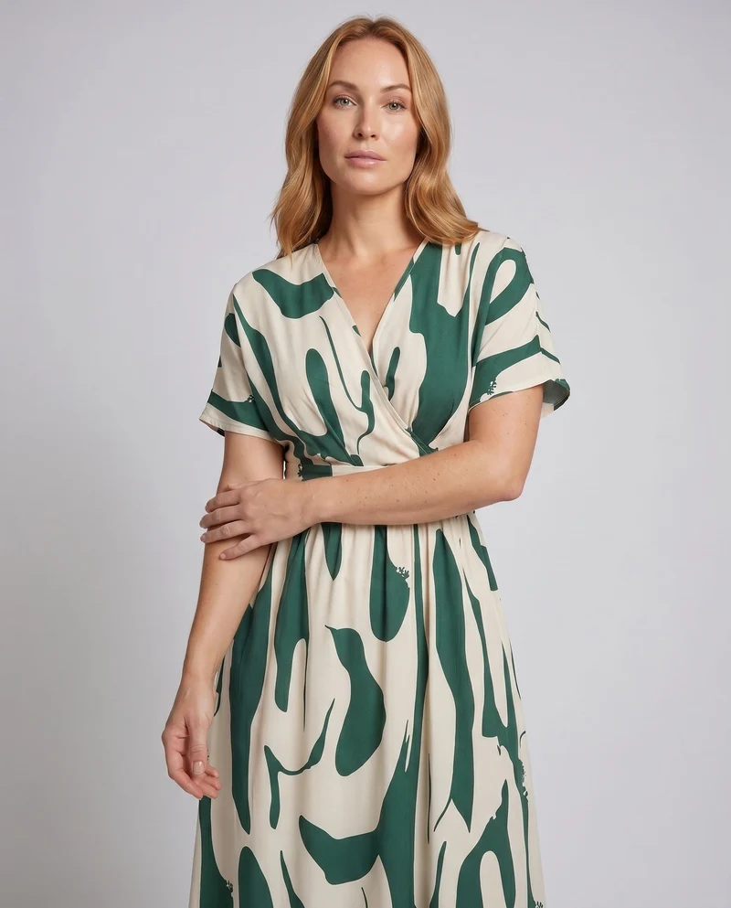 Damen Maxikleid mit elegantem Wickeldesign und grafischem Muster