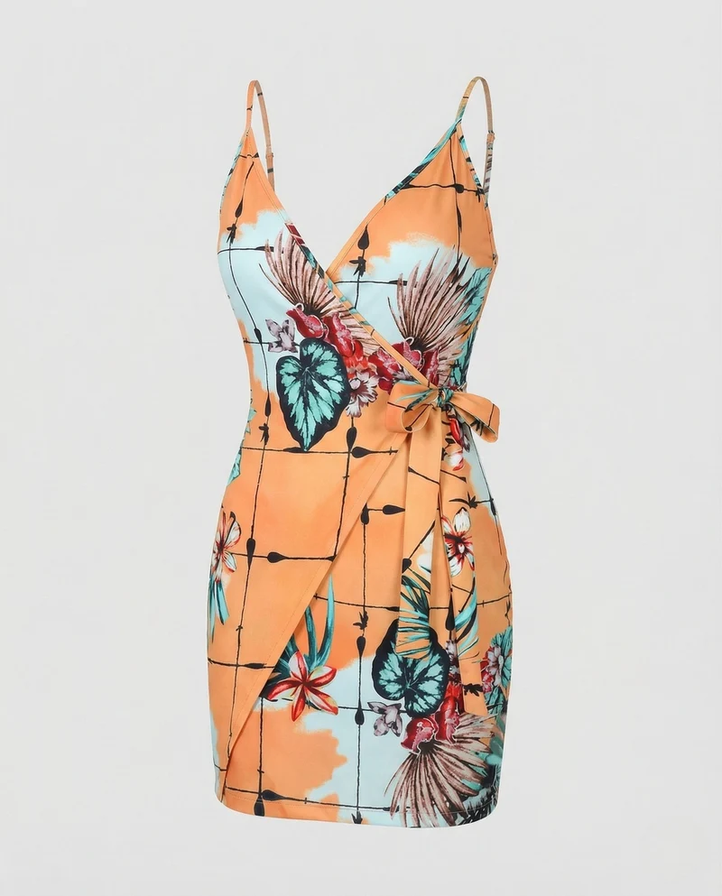 Damen Wickel Minikleid mit Spaghettiträgern