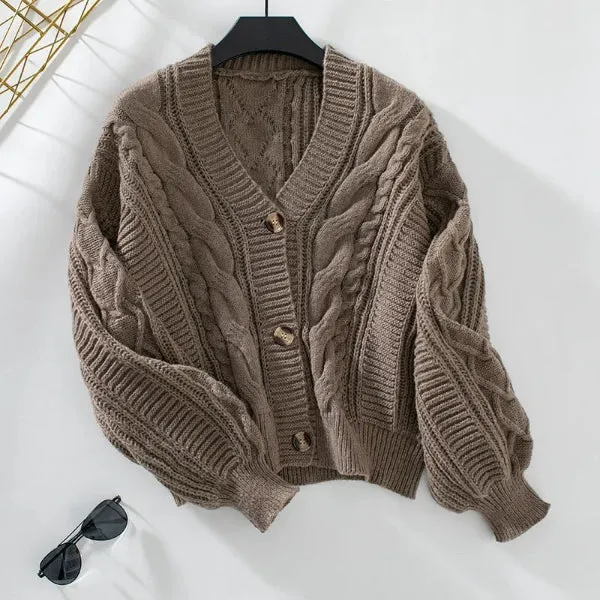 Nord Taschen | Strickjacke Pullover Wolle Strick V-Ausschnitt Kabelstrick Knöpfe Vorne Lässige Passform