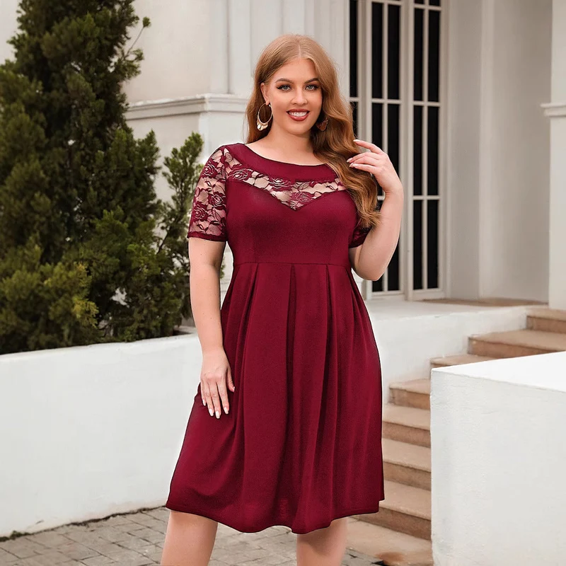 Damen Elegantes Kleid mit Spitzenärmel und schwingendem Rock