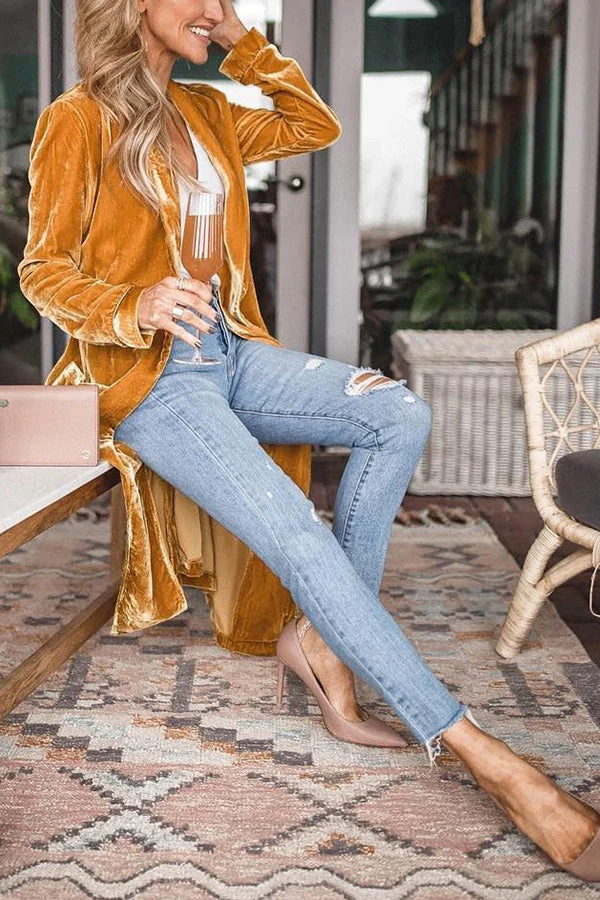 Damen Samt Cardigan mit Langen Ärmeln