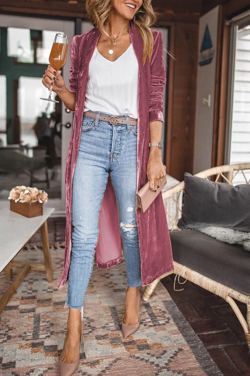 Damen Samt Cardigan mit Langen Ärmeln