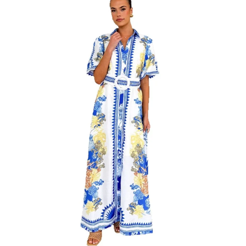 Damen Maxikleid mit floralem Knopfleisten-Design und tailliertem Gürtel