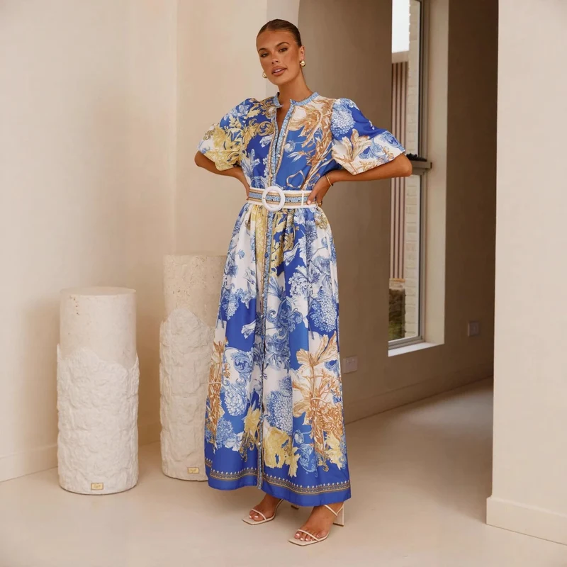 Damen Maxikleid mit floralem Knopfleisten-Design und tailliertem Gürtel