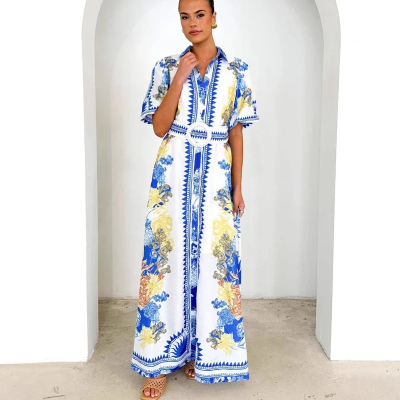 Damen Maxikleid mit floralem Knopfleisten-Design und tailliertem Gürtel