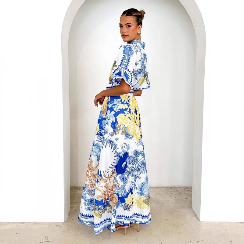 Damen Maxikleid mit floralem Knopfleisten-Design und tailliertem Gürtel