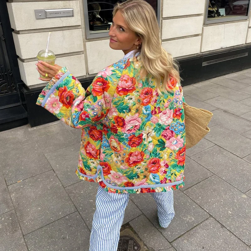 Blumenmusterjacke mit Warmer Fütterung für Damen