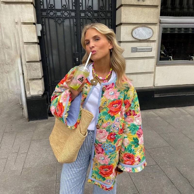 Blumenmusterjacke mit Warmer Fütterung für Damen