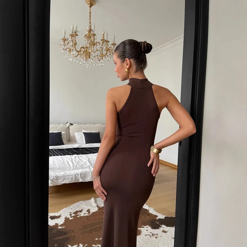 Damen Maxikleid mit elegantem Stehkragen und figurformendem Schnitt