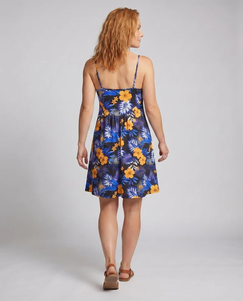 Damen Sommerkleid Tropischer Hibiskusprint Ausgestellt Spaghettiträger