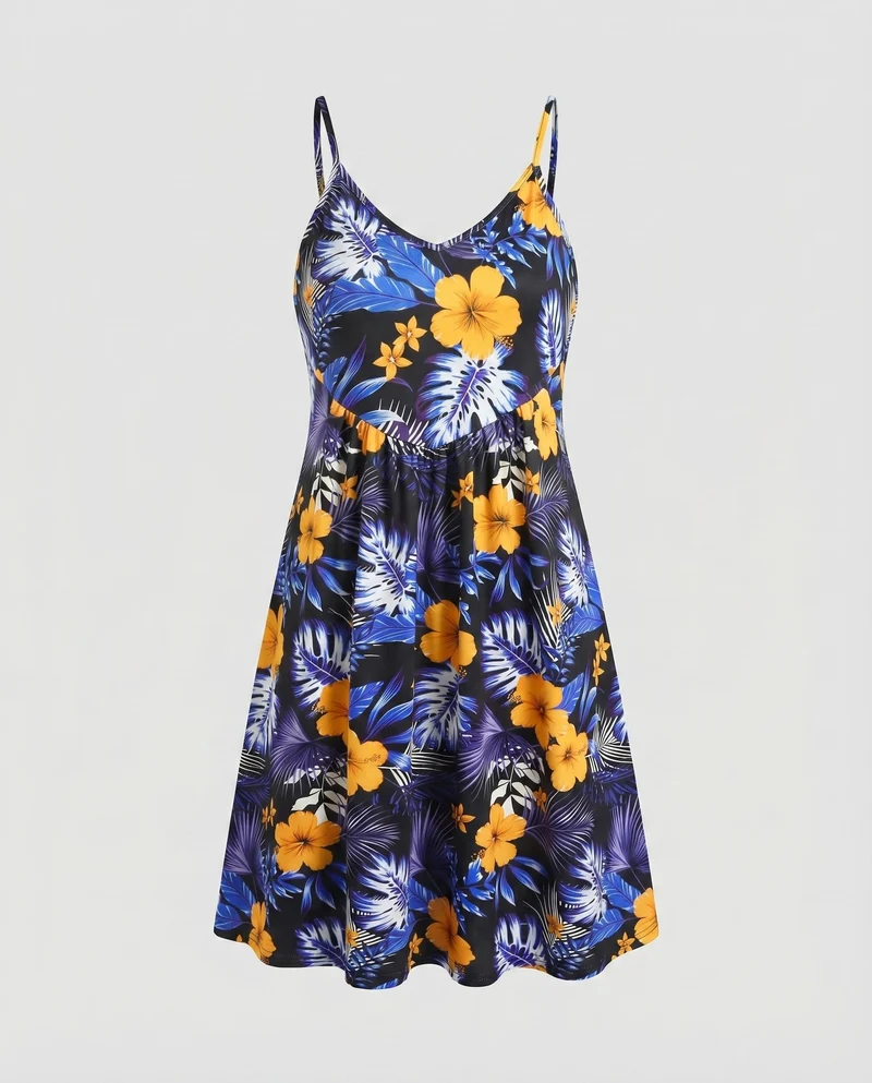 Damen Sommerkleid Tropischer Hibiskusprint Ausgestellt Spaghettiträger