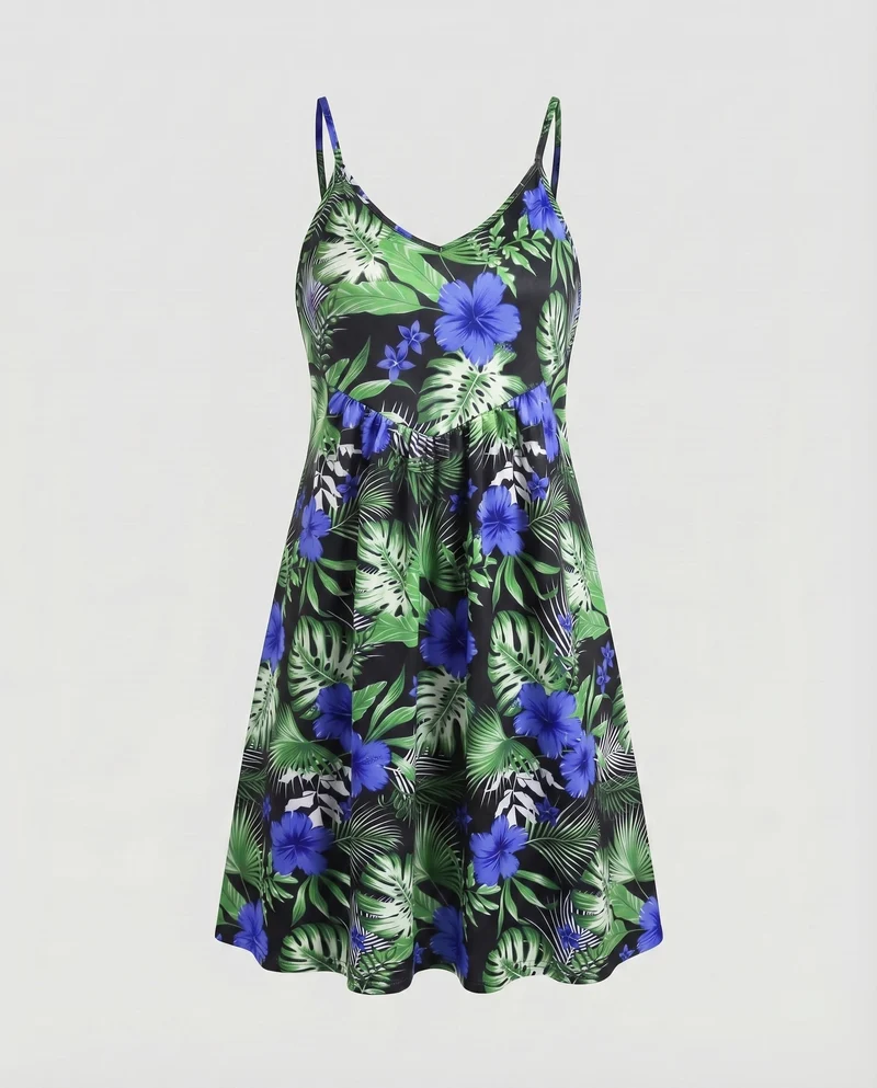 Damen Sommerkleid Tropischer Hibiskusprint Ausgestellt Spaghettiträger