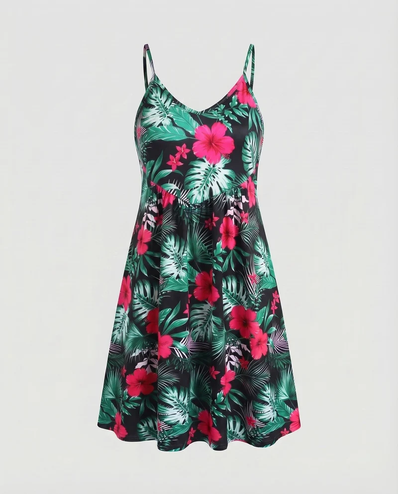 Damen Sommerkleid Tropischer Hibiskusprint Ausgestellt Spaghettiträger