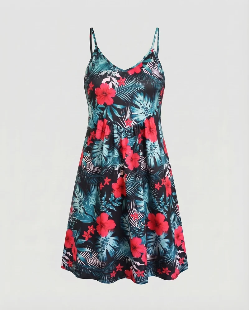 Damen Sommerkleid Tropischer Hibiskusprint Ausgestellt Spaghettiträger