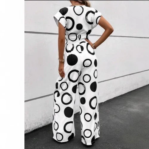 Damen Jumpsuit mit modernem Kreismuster und Taillengürtel