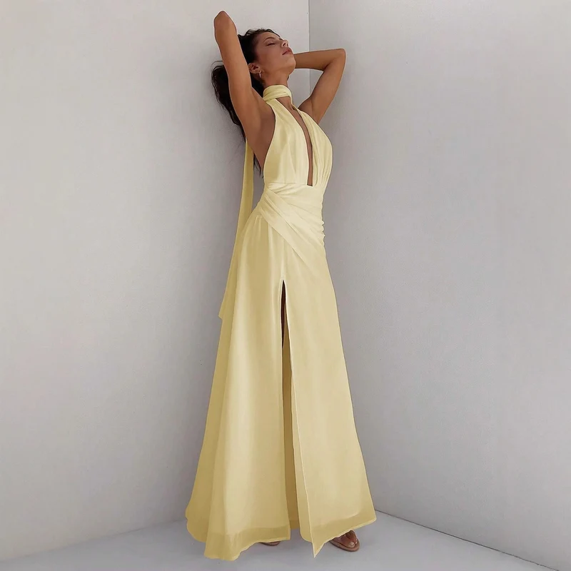 Damen Maxi-Kleid mit tiefem V-Ausschnitt und Wickeldesign Nord Taschen