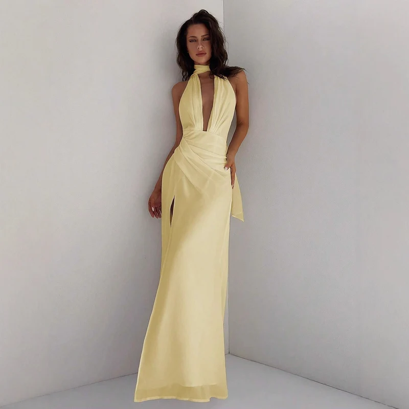 Damen Maxi-Kleid mit tiefem V-Ausschnitt und Wickeldesign Nord Taschen