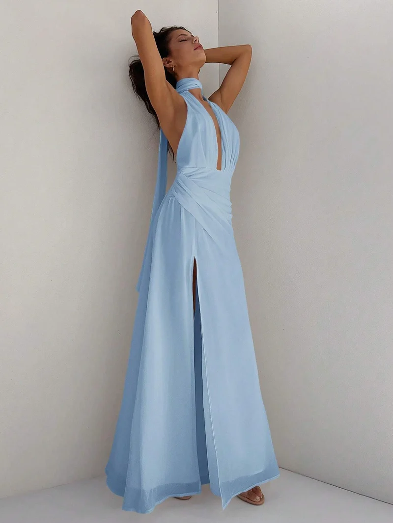 Damen Maxi-Kleid mit tiefem V-Ausschnitt und Wickeldesign Nord Taschen