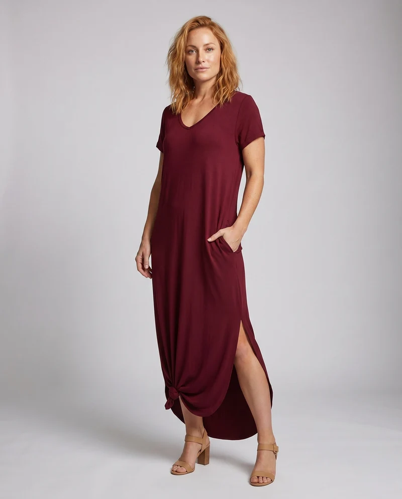 Damen Bequeme Markanter Knoten-Saum MischgewNord Taschene Maxikleid
