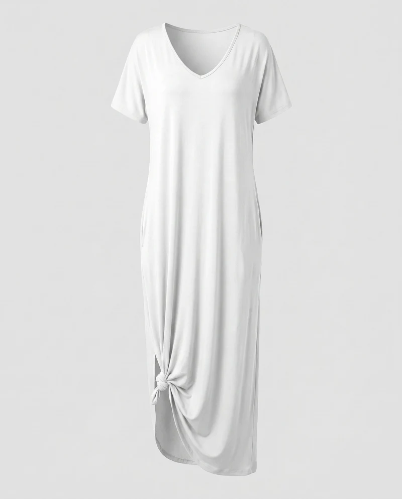 Damen Bequeme Markanter Knoten-Saum MischgewNord Taschene Maxikleid