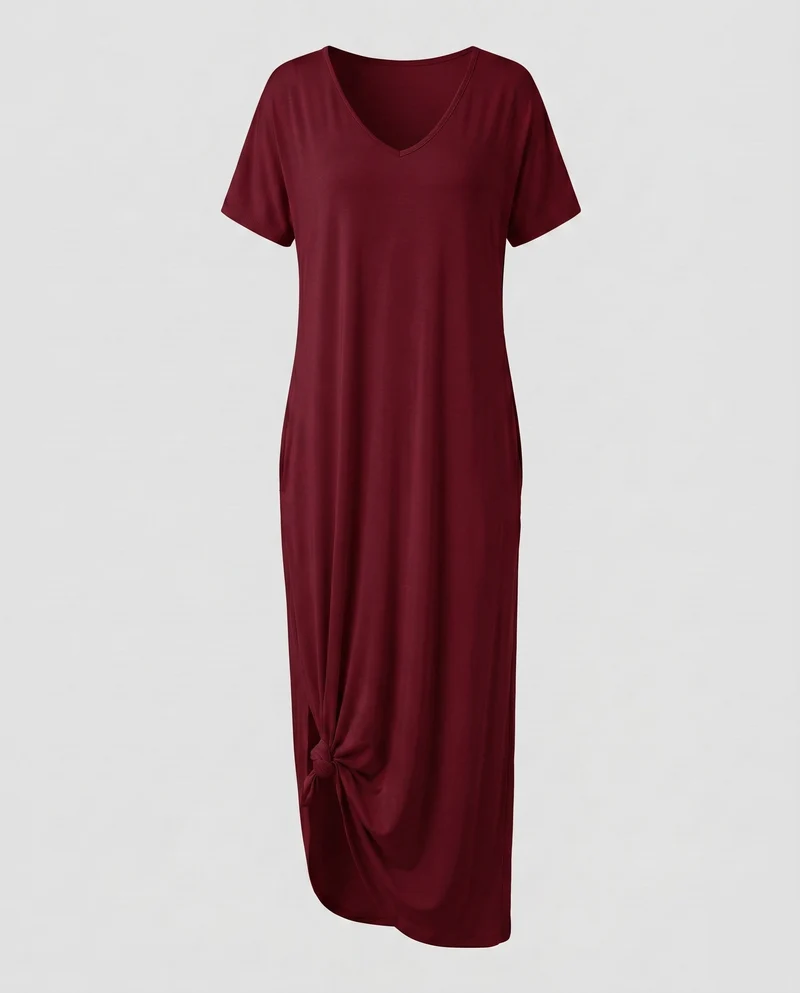 Damen Bequeme Markanter Knoten-Saum MischgewNord Taschene Maxikleid